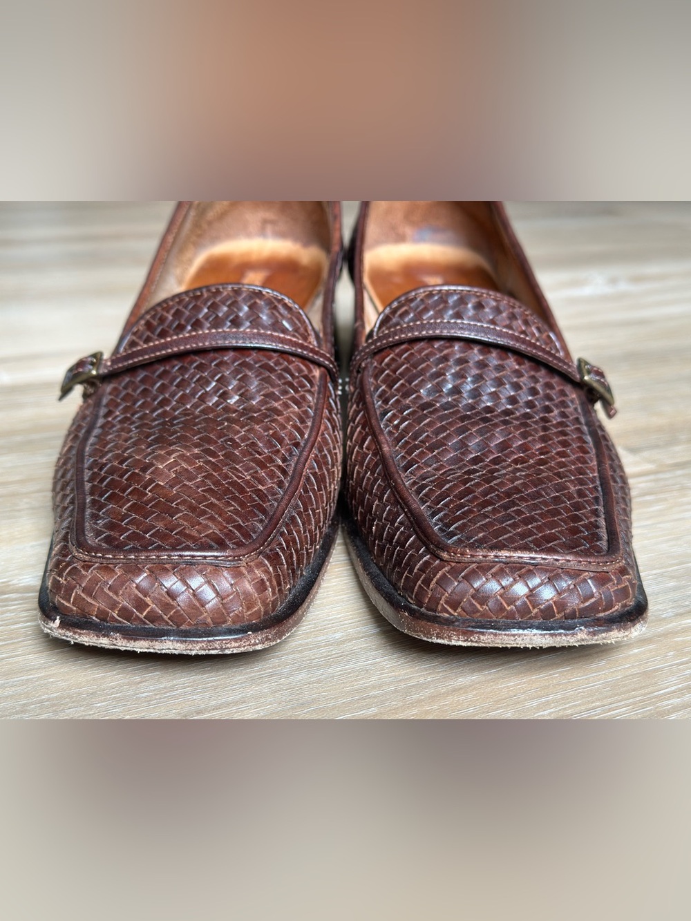 Sesto Meucci Hand Woven Leather Pumps Brown Italian Loafers 90s Vintage Size 10 - Picture 7 of 10